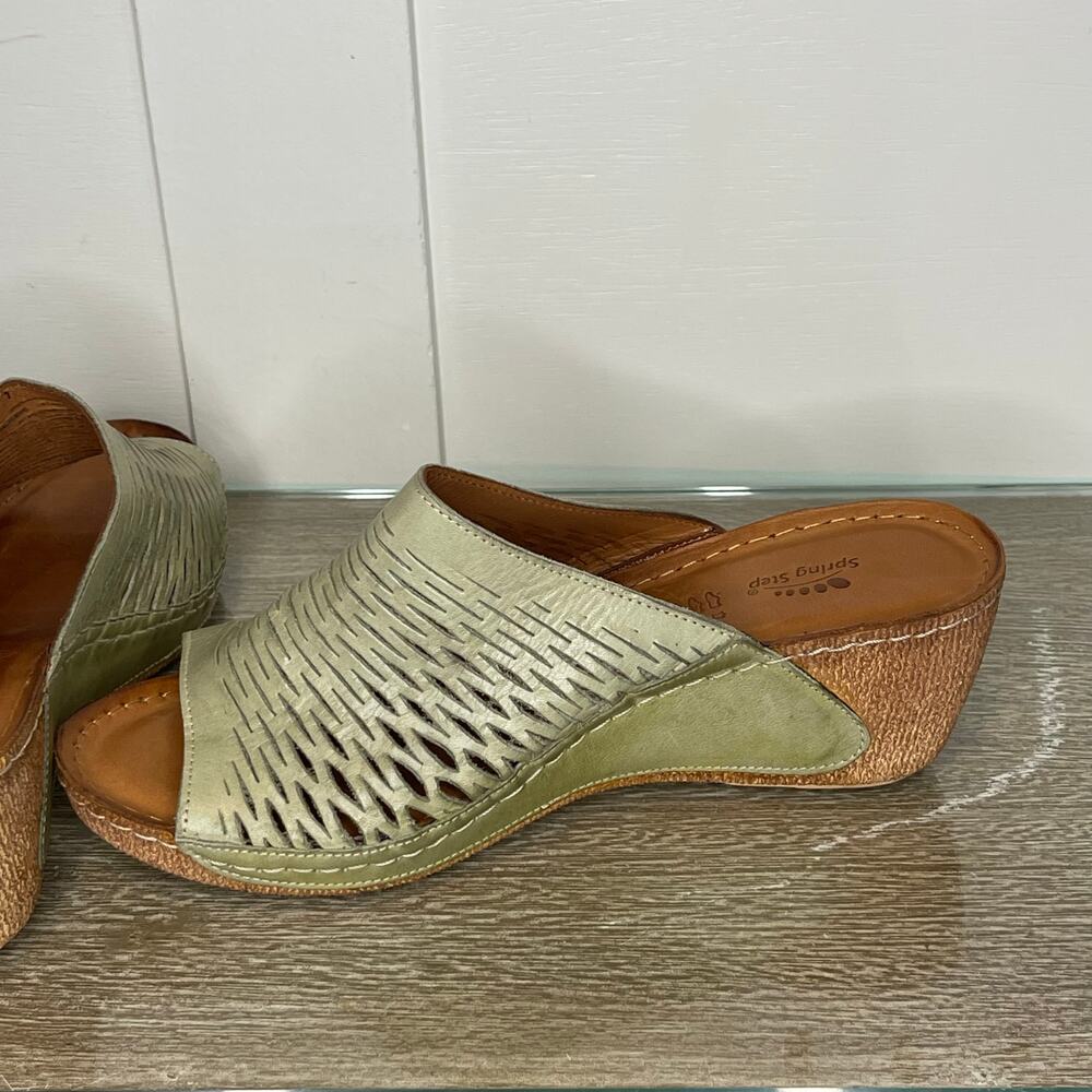 Spring Step Wedge Sandal Cunacena Moss Green Leather Lattice‎ Comfy Slip on - Picture 6 of 11